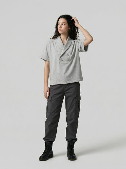DAXUEN Double-breasted short-sleeved top with shawl collar — model photo