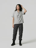 DAXUEN Double-breasted short-sleeved top with shawl collar — model photo