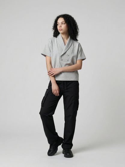 DAXUEN Double-breasted short-sleeved top with shawl collar — model photo