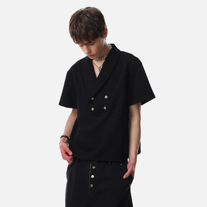 DAXUEN Double-breasted short-sleeved top with shawl collar