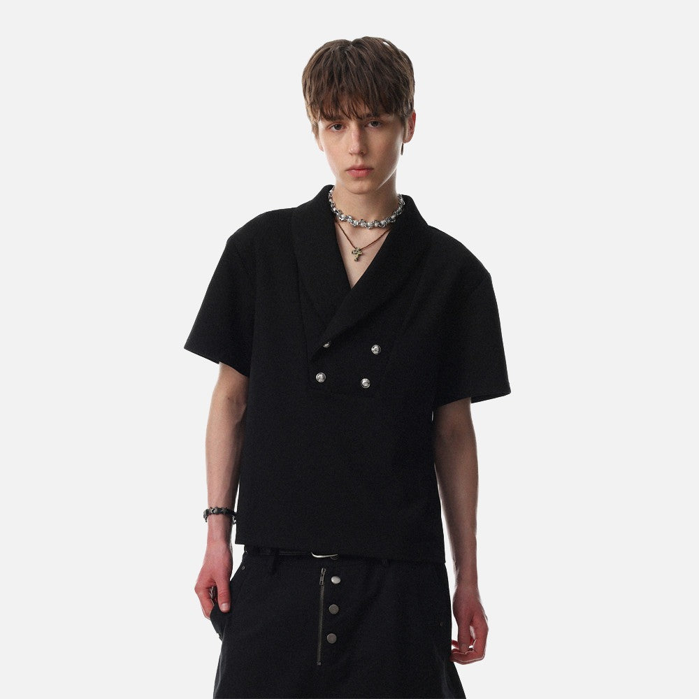DAXUEN Double-breasted short-sleeved top with shawl collar