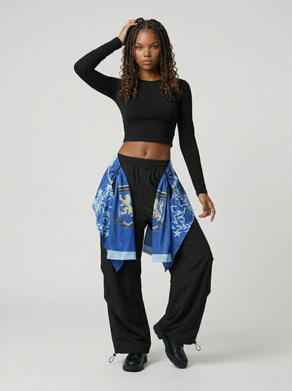 DAXUEN Draped graphic cargo pants with unique prints — model photo