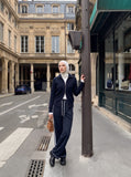 DAXUEN dark navy wide-leg pants with white stripes — model photo