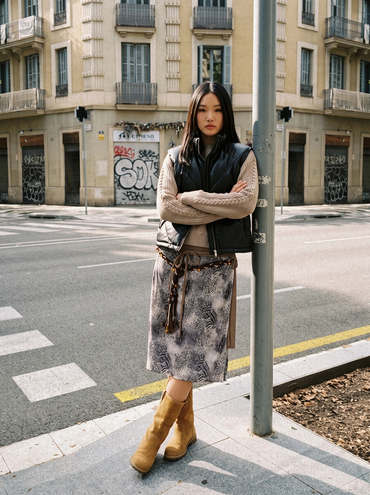 DAXUEN grey black white dynamic animal print wrap skirt — model photo