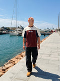 DAXUEN cream reddish-brown dynamic MR graphic color-blocked tee — model photo