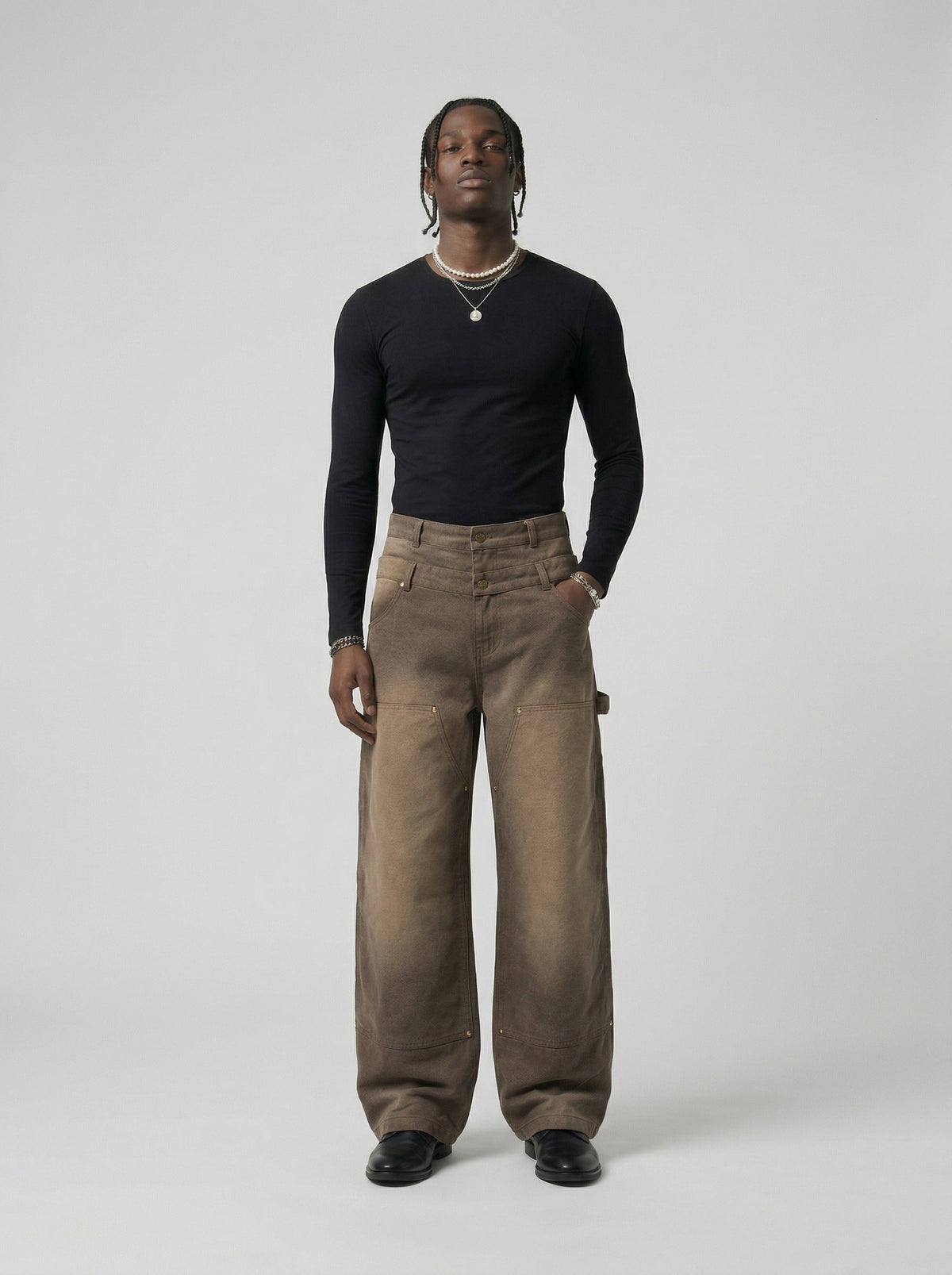 DAXUEN High-waisted wide-leg pants in earthy brown color — model photo