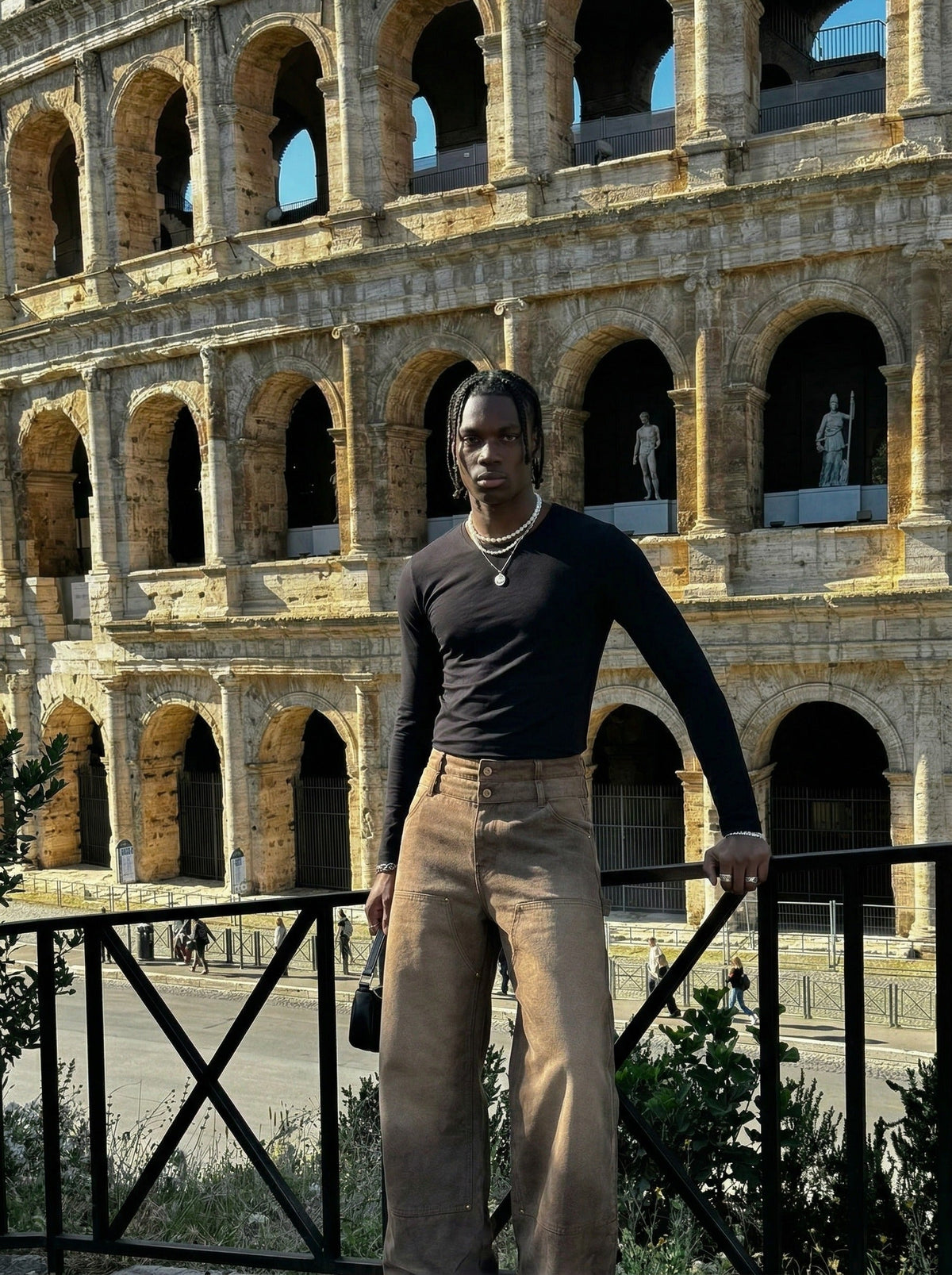 DAXUEN High-waisted wide-leg pants in earthy brown color — model photo