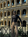 DAXUEN High-waisted wide-leg pants in earthy brown color — model photo