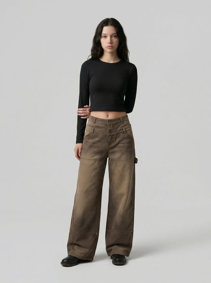DAXUEN High-waisted wide-leg pants in earthy brown color — model photo