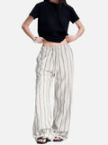 DAXUEN ecru wide-leg striped casual pants