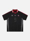 Black short sleeve football polo shirt with red and white collar, subtle pinstripes, and a number 9 graphic on the front.