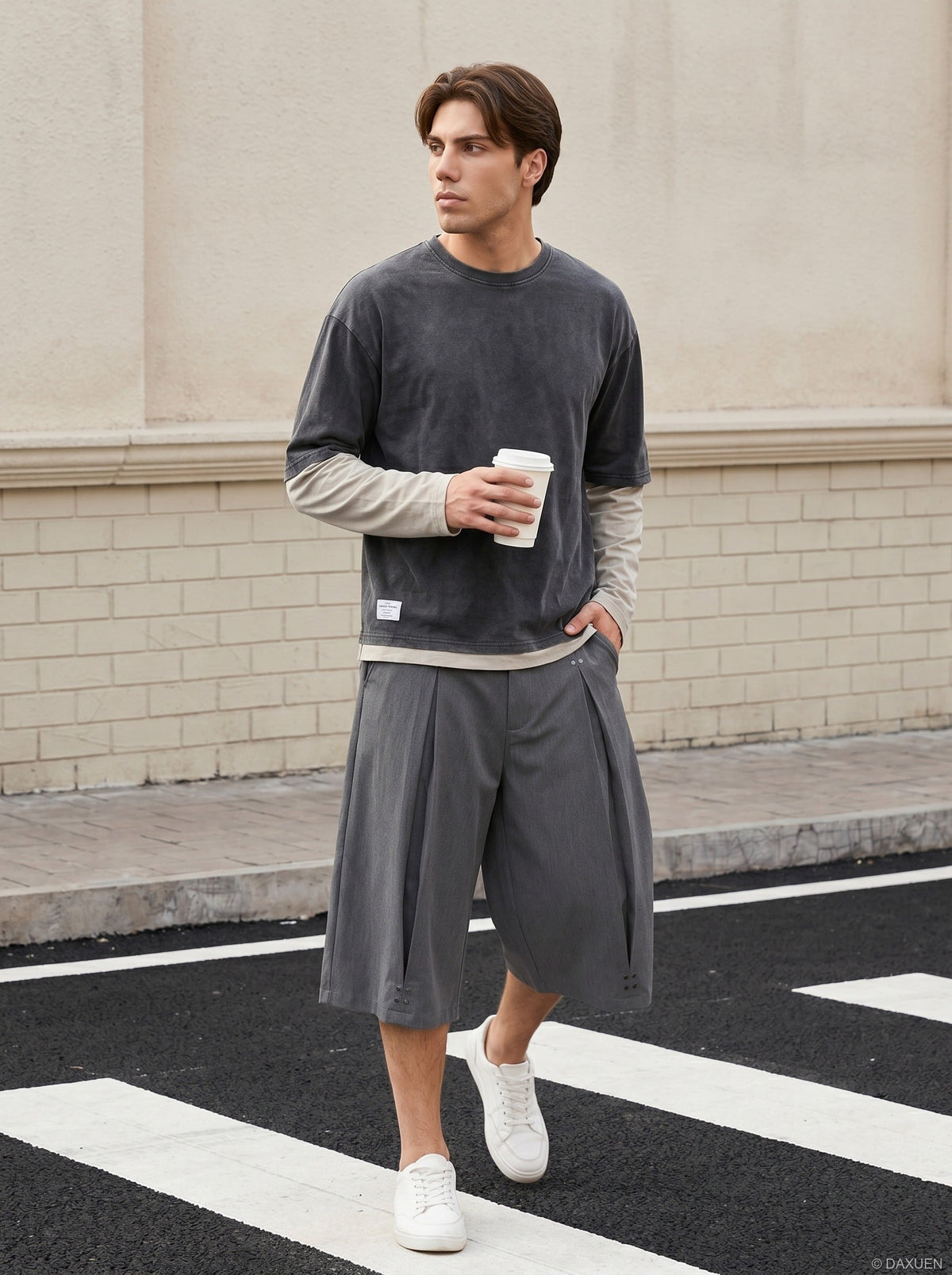 DAXUEN Wide-leg culotte pants in dark grey — model photo