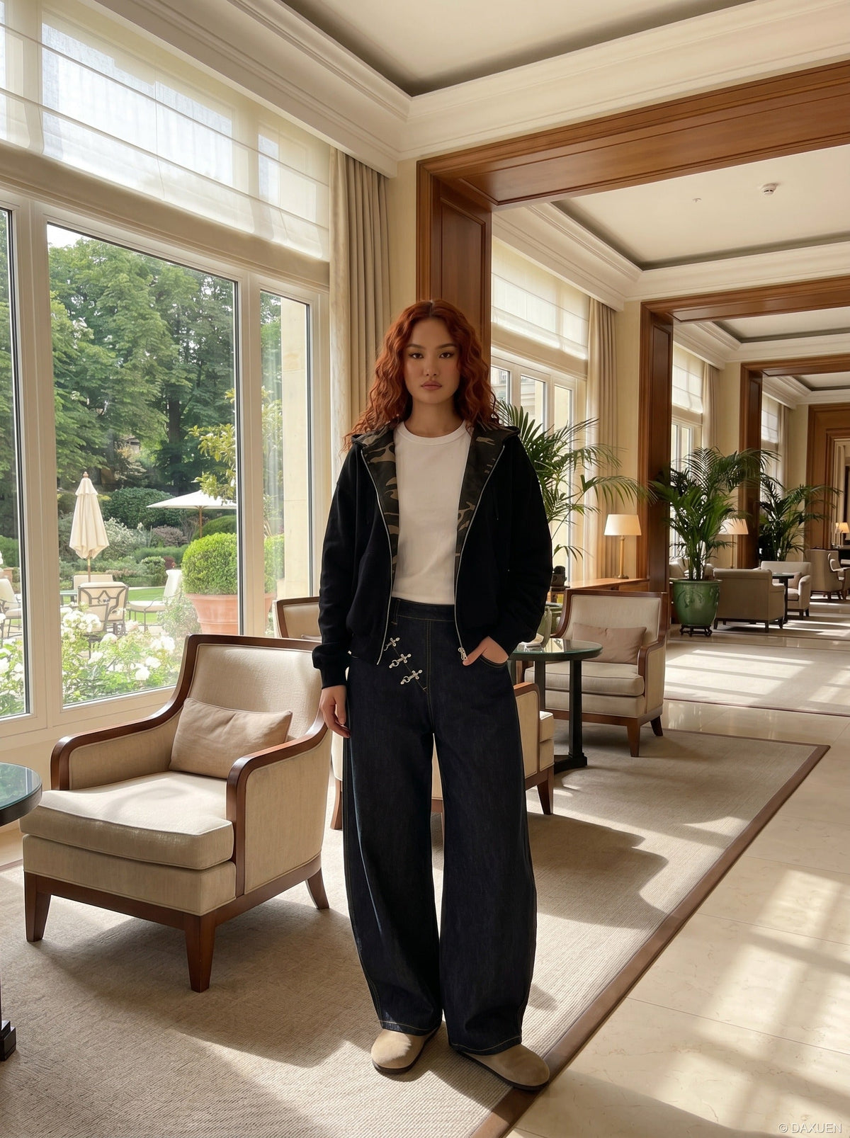 DAXUEN Wide-leg denim jeans with metal details — model photo