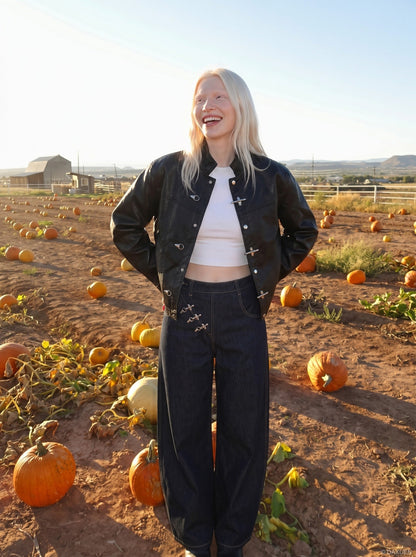 DAXUEN Wide-leg denim jeans with metal details — model photo