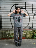 DAXUEN faded grey black cat graphic tee — model photo
