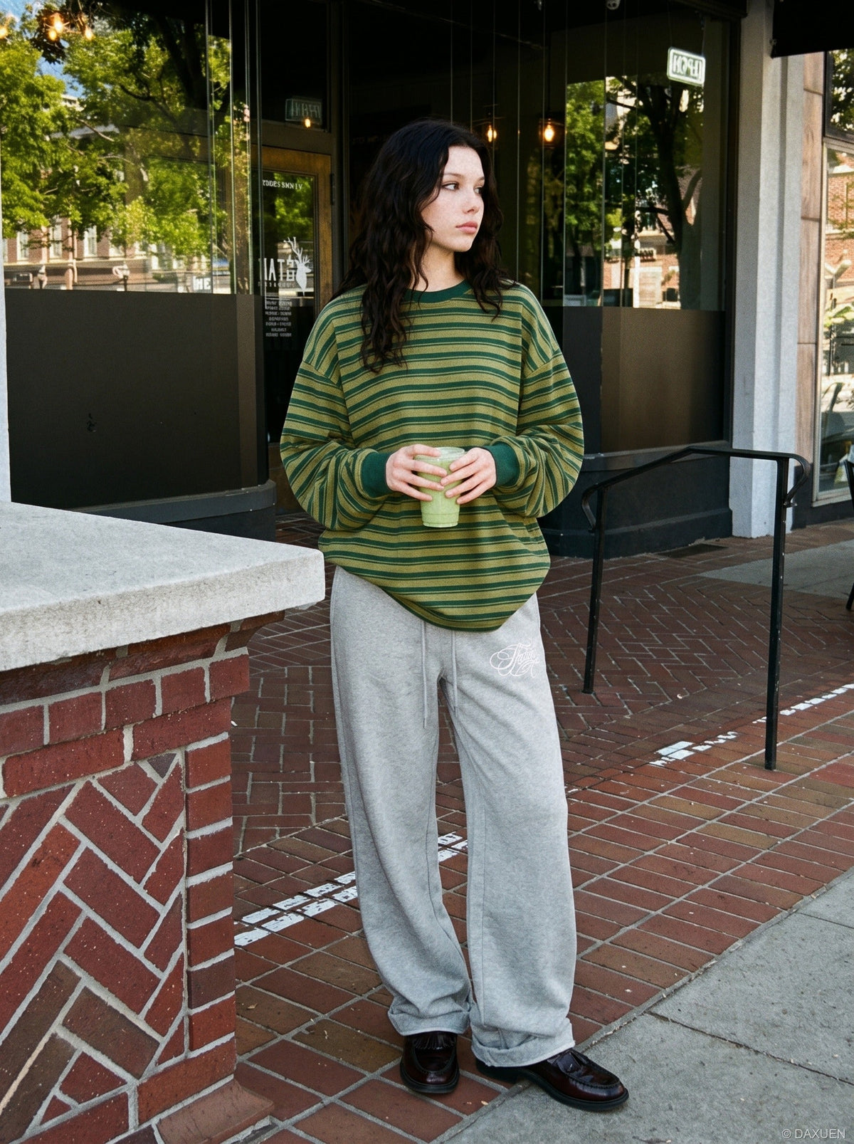 DAXUEN heather grey wide-leg elaborately-script graphic sweatpants — model photo