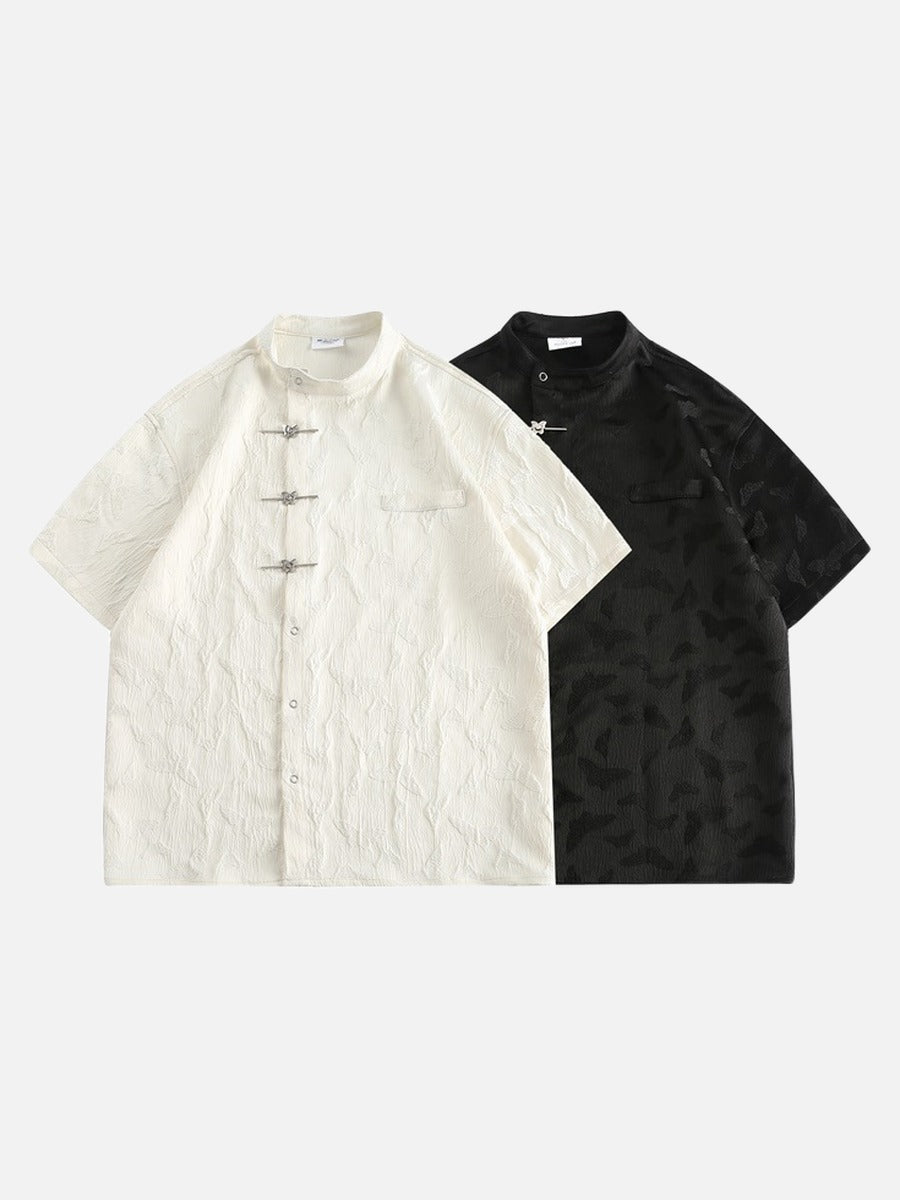 DAXUEN black short-sleeved butterfly motif band collar shirt