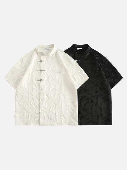 DAXUEN black short-sleeved butterfly motif band collar shirt