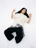 DAXUEN cream embossed butterfly pattern button-up shirt — model photo