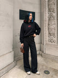 DAXUEN black embroidered BEFEARLE graphic hooded sweatshirt — model photo