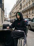 DAXUEN black embroidered BEFEARLE graphic hooded sweatshirt — model photo