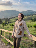 DAXUEN brown plaid shirt with embroidered cat faces — model photo