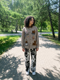 DAXUEN brown plaid shirt with embroidered cat faces — model photo