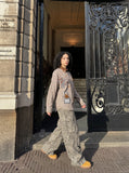 DAXUEN brown plaid shirt with embroidered cat faces — model photo