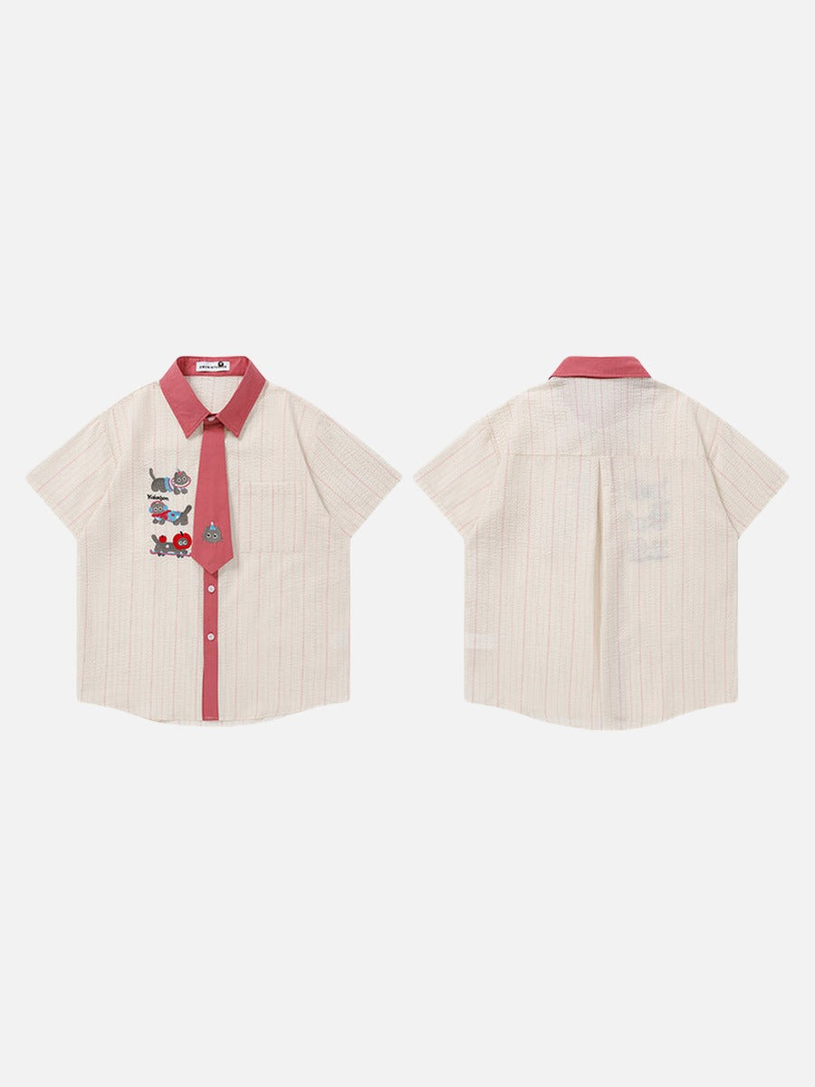 DAXUEN Embroidered cat tie collar short-sleeve shirt