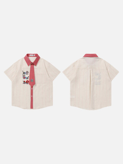 DAXUEN Embroidered cat tie collar short-sleeve shirt