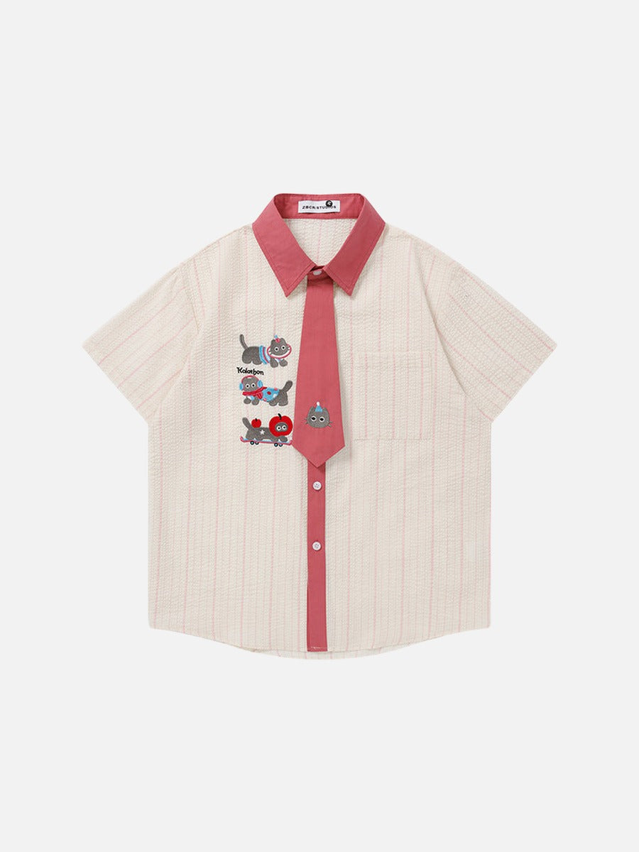 DAXUEN Embroidered cat tie collar short-sleeve shirt
