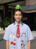 DAXUEN Light blue and white gingham short sleeve shirt with cartoon embroidery — model photo