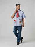 DAXUEN Light blue and white gingham short sleeve shirt with cartoon embroidery — model photo