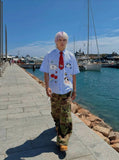 DAXUEN Light blue and white gingham short sleeve shirt with cartoon embroidery — model photo