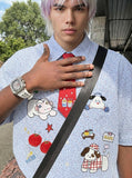 DAXUEN Light blue and white gingham short sleeve shirt with cartoon embroidery — model photo