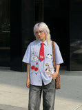 DAXUEN Light blue and white gingham short sleeve shirt with cartoon embroidery — model photo