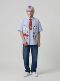 DAXUEN Light blue and white gingham short sleeve shirt with cartoon embroidery — model photo