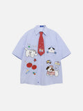 DAXUEN Light blue and white gingham short sleeve shirt with cartoon embroidery