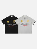 DAXUEN Embroidered graphic polo shirt in black and light grey marl