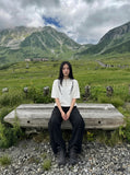 DAXUEN Embroidered short-sleeved knitted top — model photo