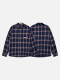 DAXUEN blue red white dark green plaid button-down shirt with embroidered red star