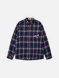 DAXUEN blue red white dark green plaid button-down shirt with embroidered red star