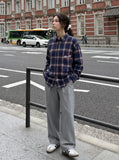 DAXUEN blue red white dark green plaid button-down shirt with embroidered red star — model photo