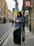 DAXUEN blue red white dark green plaid button-down shirt with embroidered red star — model photo