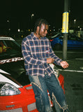 DAXUEN blue red white dark green plaid button-down shirt with embroidered red star — model photo