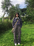 DAXUEN blue red white dark green plaid button-down shirt with embroidered red star — model photo