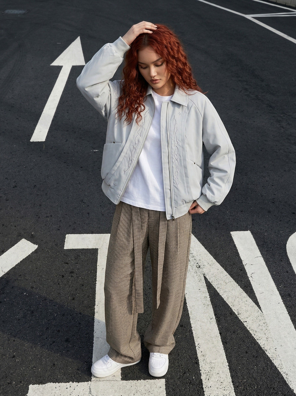 DAXUEN Embroidered relaxed fit bomber jacket — model photo