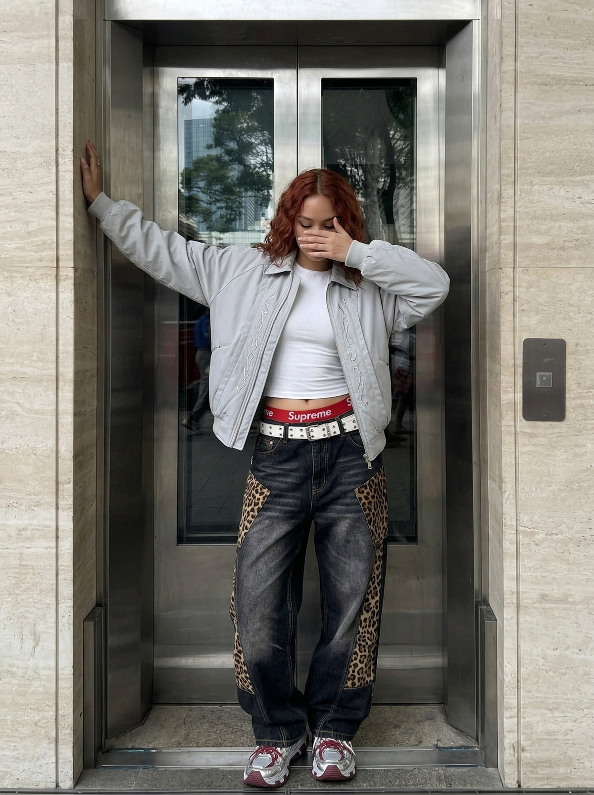 DAXUEN Embroidered relaxed fit bomber jacket — model photo
