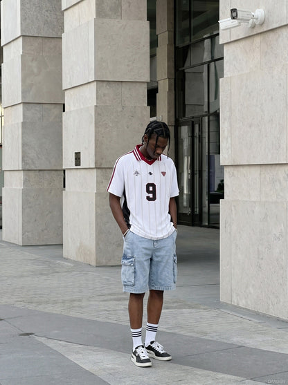DAXUEN white short-sleeved soccer ball graphic jersey — model photo