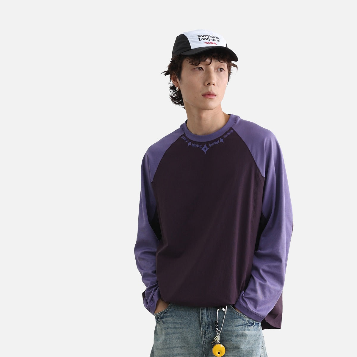 DAXUEN cream long-sleeve embroidered star pattern t-shirt